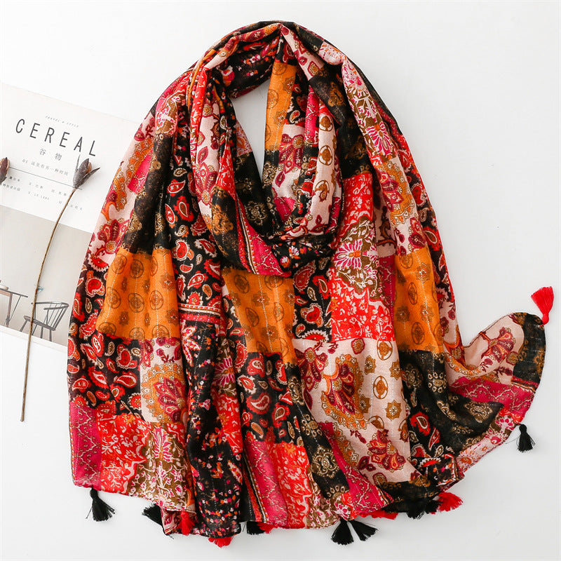 Retro Ethnic Sunscreen Shawl Bohemian Holiday Cotton And Linen Feel Scarf With Silver Wire