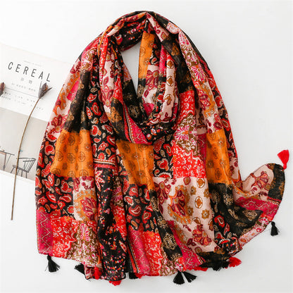 Retro Ethnic Sunscreen Shawl Bohemian Holiday Cotton And Linen Feel Scarf With Silver Wire