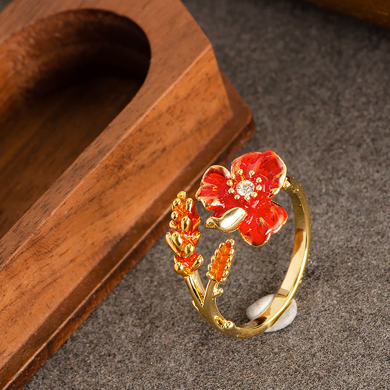 Elegant Floral Adjustable Open Ring With Zirconium For Women