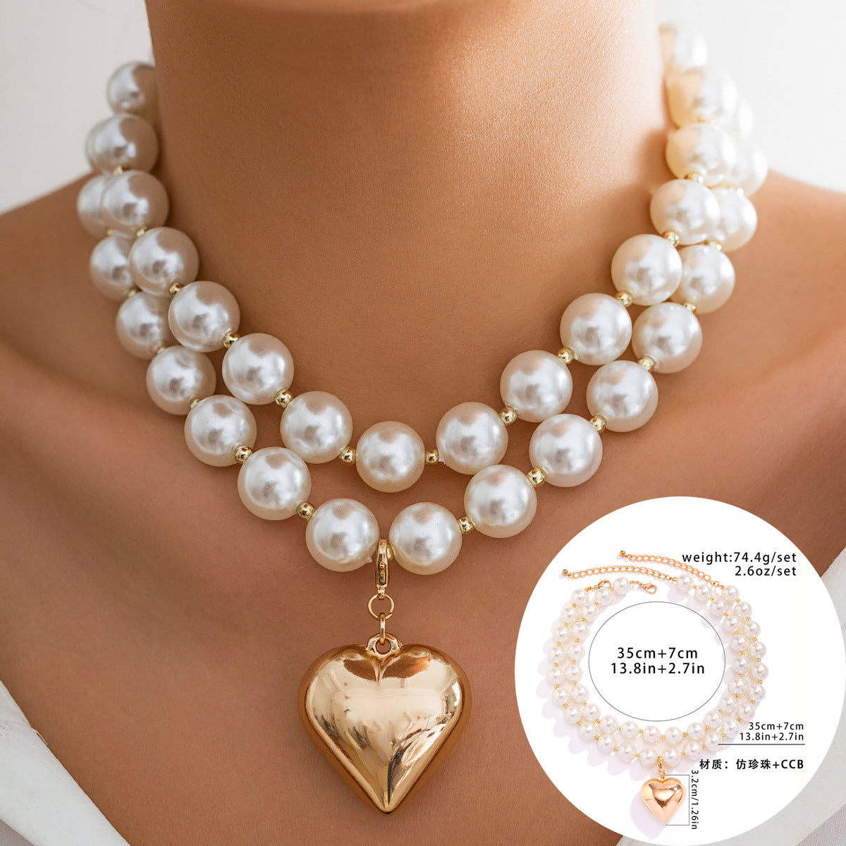 Multi-Layer Heart-Shaped Pearl Necklace Trendy Cyberpunk Style
