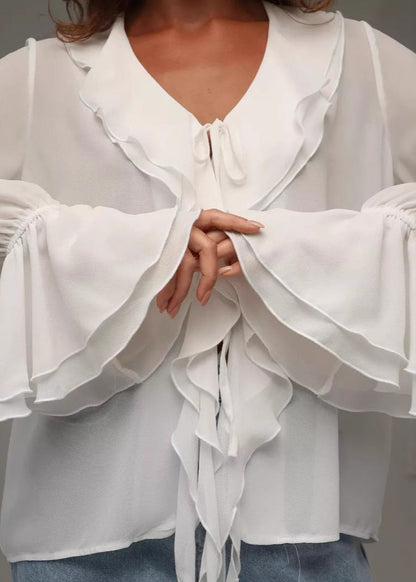 Ruffled Chiffon Blouse With Bell Sleeves