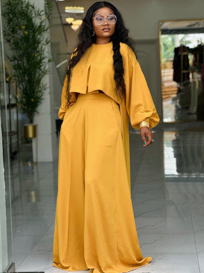 Casual Lantern Sleeve Top And Wide Leg Pants Set