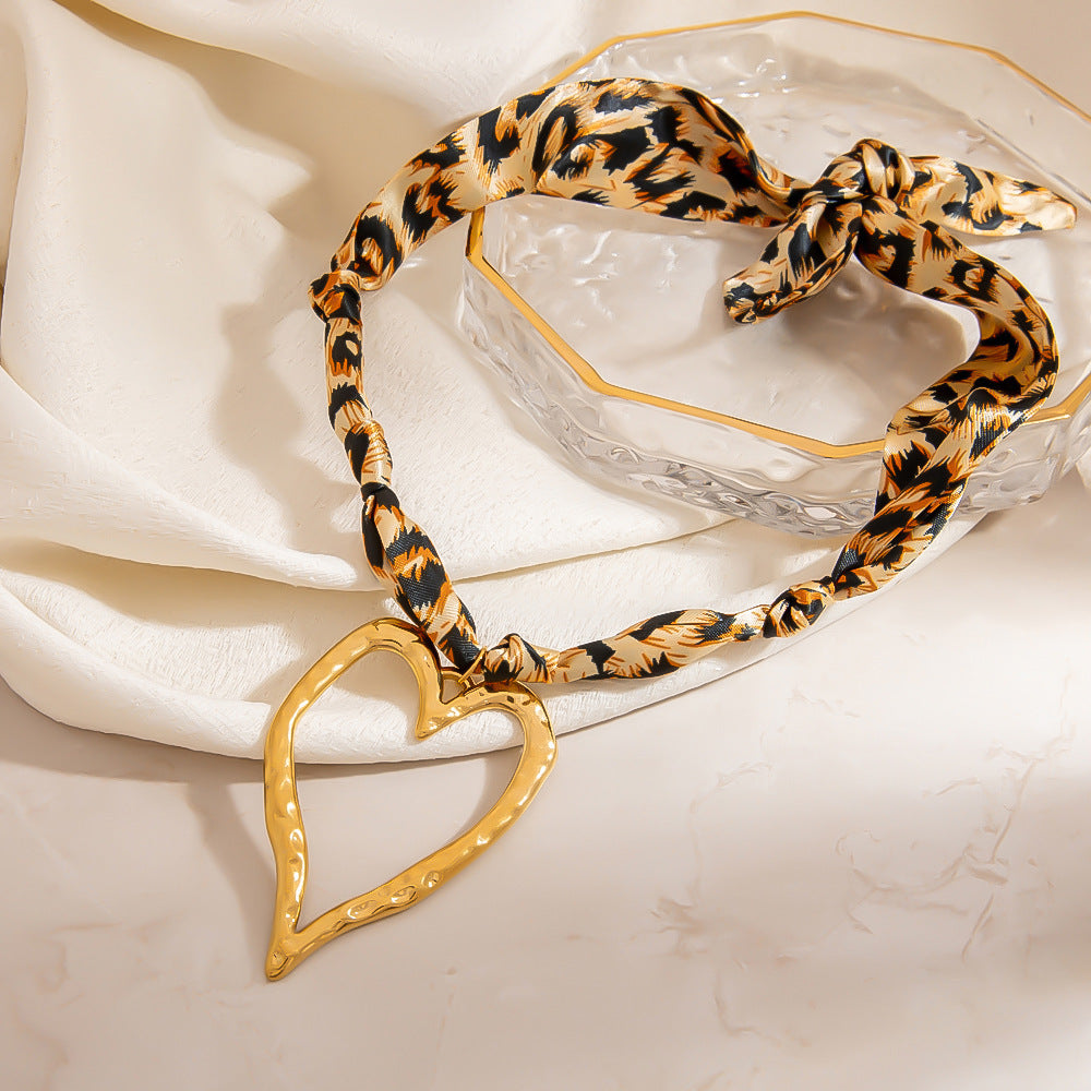 Heart Shaped Pendant Silk Scarf Necklace in 18K Gold Plated Stainless Steel