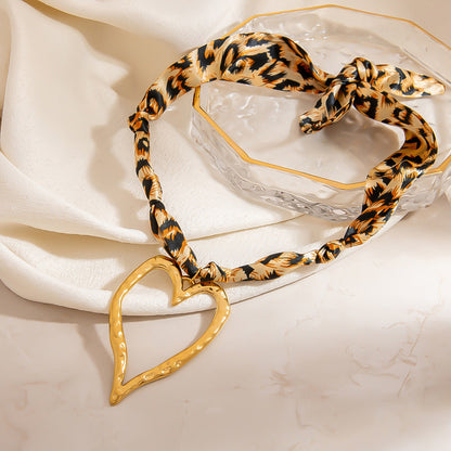 Heart Shaped Pendant Silk Scarf Necklace in 18K Gold Plated Stainless Steel