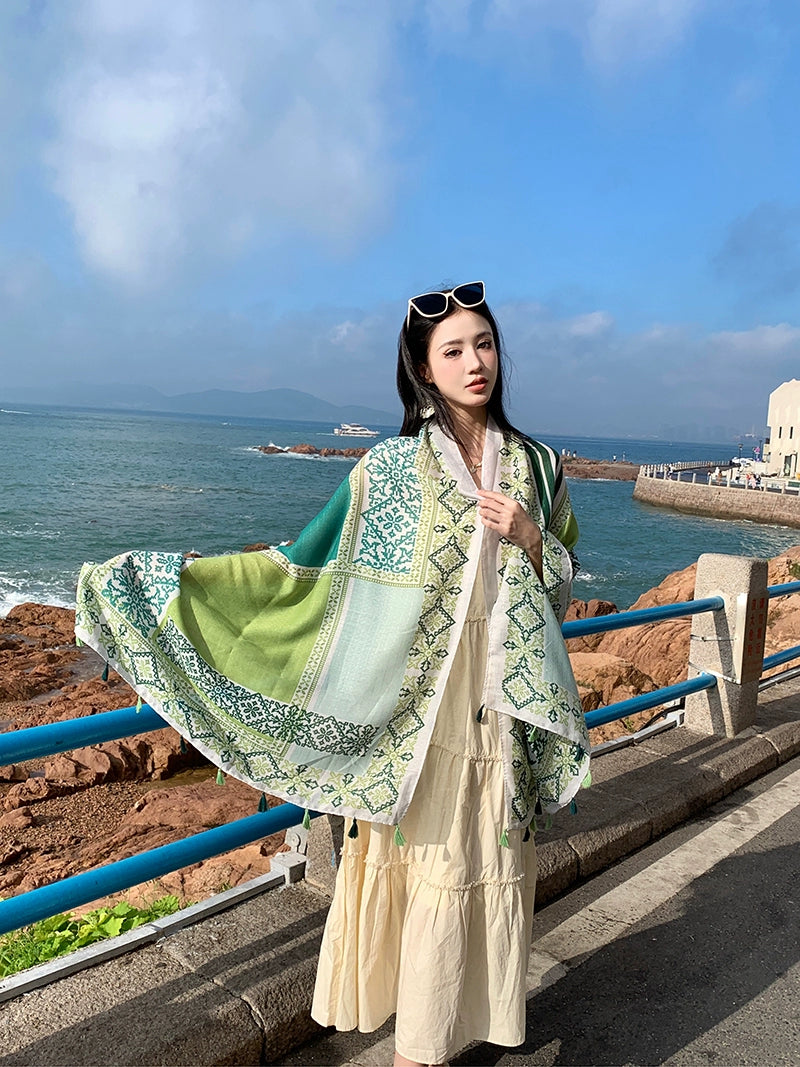 Fresh Green Ethnic Style Silk Scarf Women'S Summer Sunscreen Dual-Purpose Large Shawl Beach Towel Thin Cotton And Linen Scarf Yarn