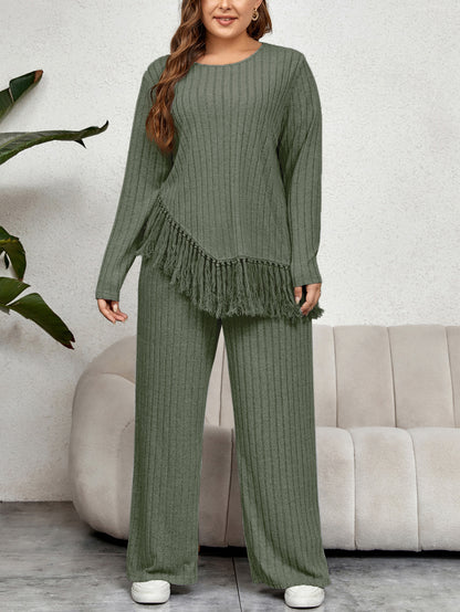 Casual Loose Long Sleeve Tassel Top And Wide Leg Pants Set