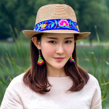 National Style Embroidered Hat Straw Hat Sun-Proof Visor Big Brim Summer Days Ladies National Hat