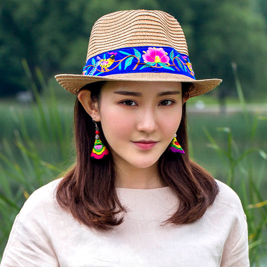 National Style Embroidered Hat Straw Hat Sun-Proof Visor Big Brim Summer Days Ladies National Hat