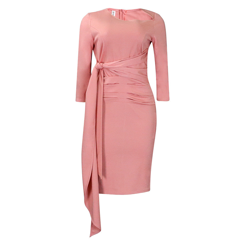 Elegant Office Midi Dress With Ruffles And Tie