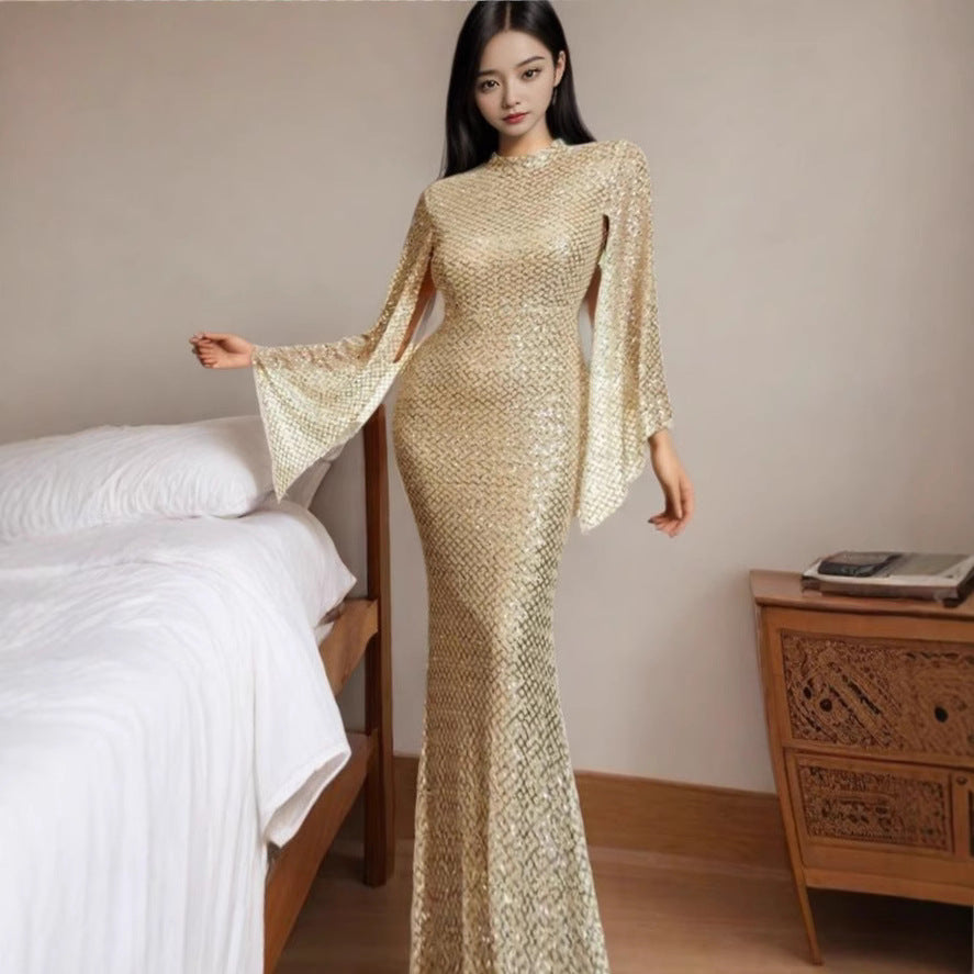 Golden Sequin Off-Shoulder Evening Dress