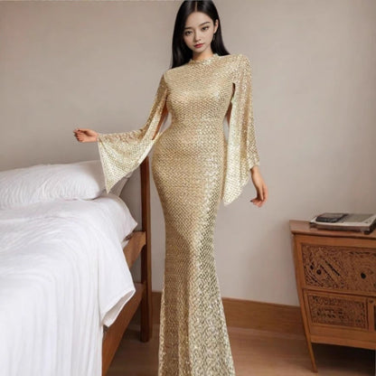 Golden Sequin Off-Shoulder Evening Dress