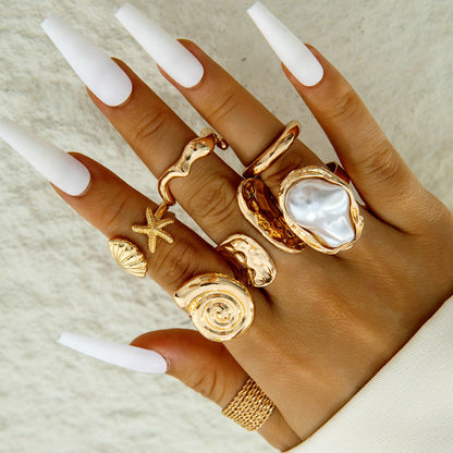Irregular Pearl Ring Set Trendy Gold Retro Geometric Statement Rings