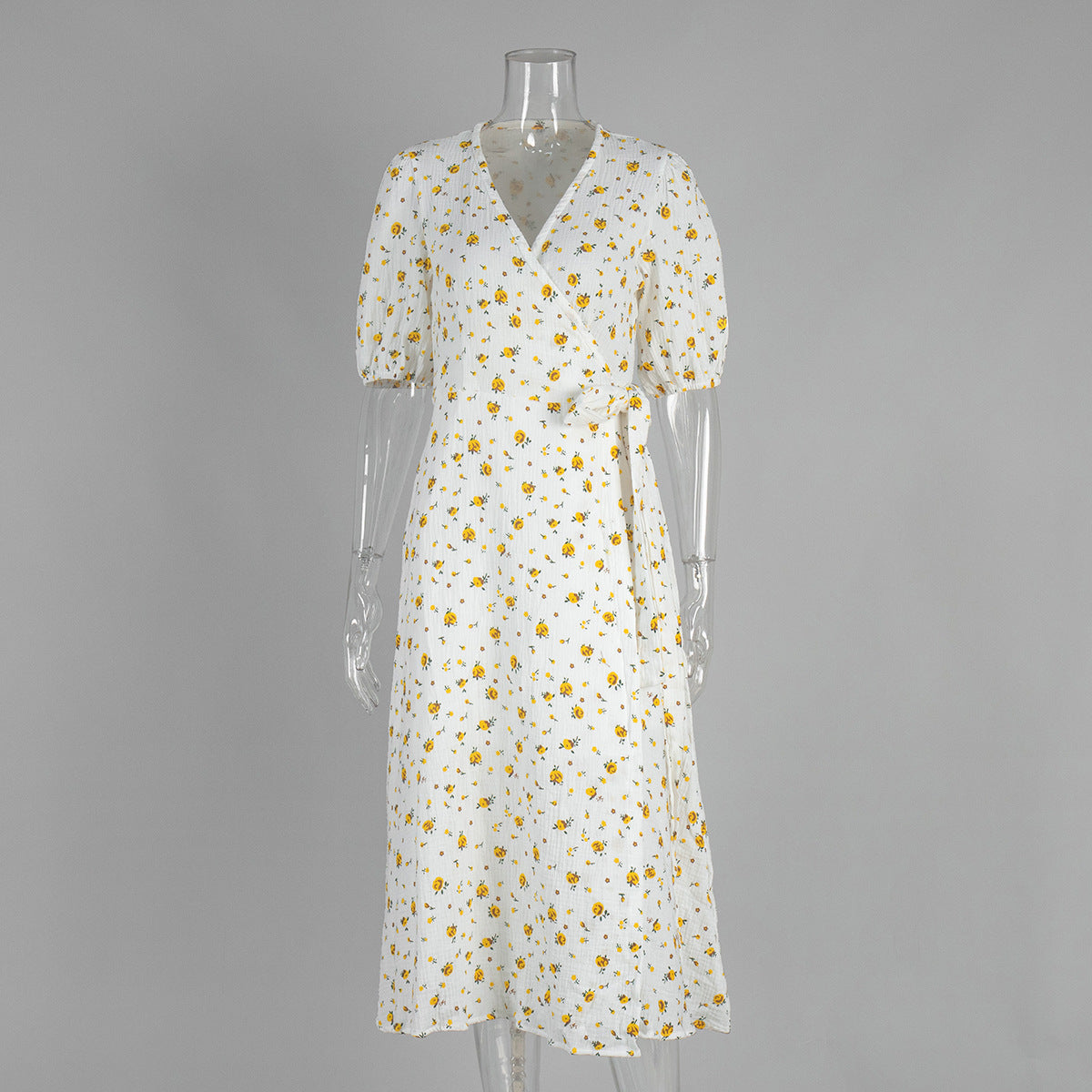 Cotton Floral Print A-Line Dress With V Neckline And Puff Sleeves