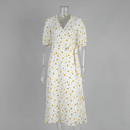 Cotton Floral Print A-Line Dress With V Neckline And Puff Sleeves