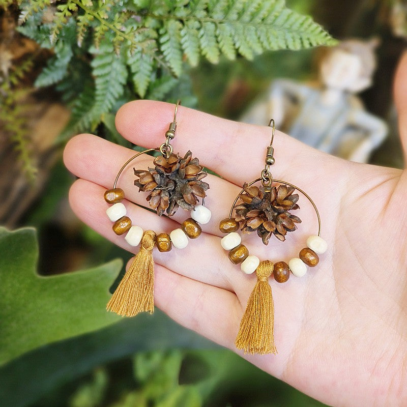 Bohemian Fringe Retro Style Earrings with Wooden Beads