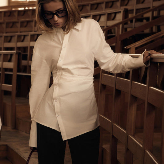 White Cotton Long Sleeve Shirt with Waist Design