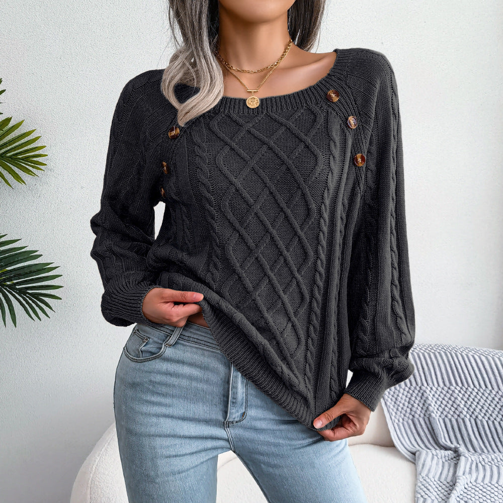 2025 Autumn And Winter Casual Square Collar Nail Button Twist Knitted Pullover Sweater