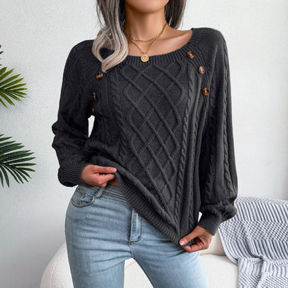 2025 Autumn And Winter Casual Square Collar Nail Button Twist Knitted Pullover Sweater