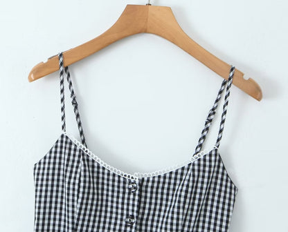 Fashion Plaid Front Button Sleeveless Mini Dresses