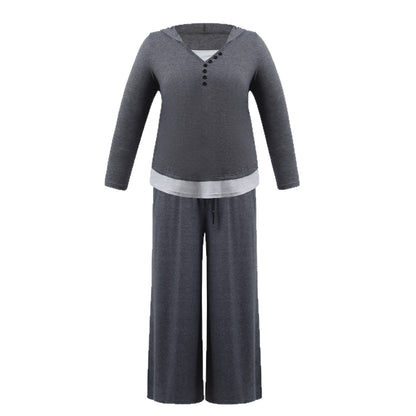 Casual Hoodie Button Top And Wide Leg Pants Set