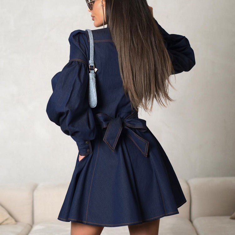 Fashionable Lantern Sleeve Denim Shirt Dress