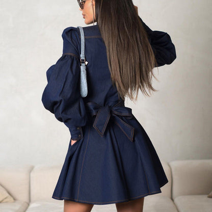 Fashionable Lantern Sleeve Denim Shirt Dress