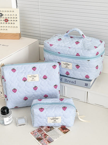 Blue Strawberry Striped Makeup Bag Quilted Portable Toiletry Bag