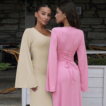 Trendy Casual U-Neck Long Sleeve Dress with Back Tie