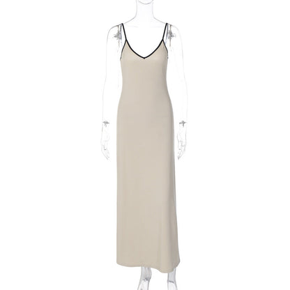 Sleeveless V-Neck Bodycon Dress with Open Back in Beige