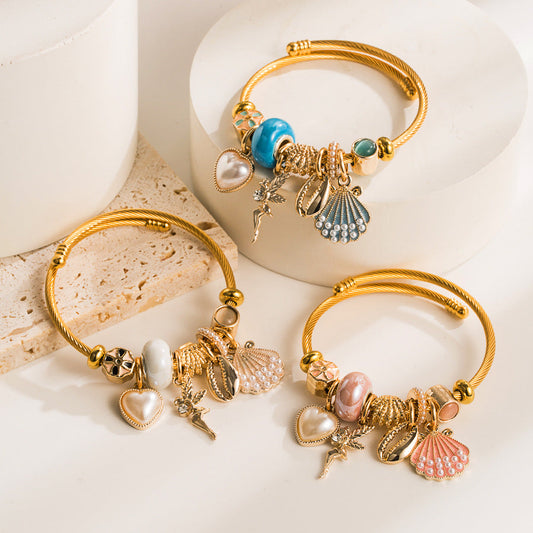 Gold Adjustable Pearl Shell Heart Bracelet For Women