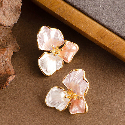 French Vintage Cream White Floral Petal Stud Earrings For Women
