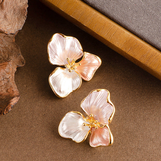 French Vintage Cream White Floral Petal Stud Earrings For Women