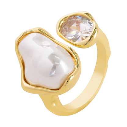 Elegant Design Adjustable Open Ring With Pearl And Zircon