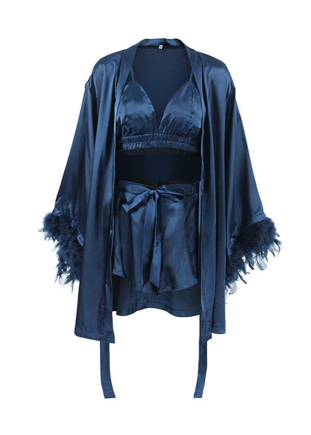 Satin Loungewear Set With Feather Trim