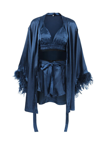 Satin Loungewear Set With Feather Trim