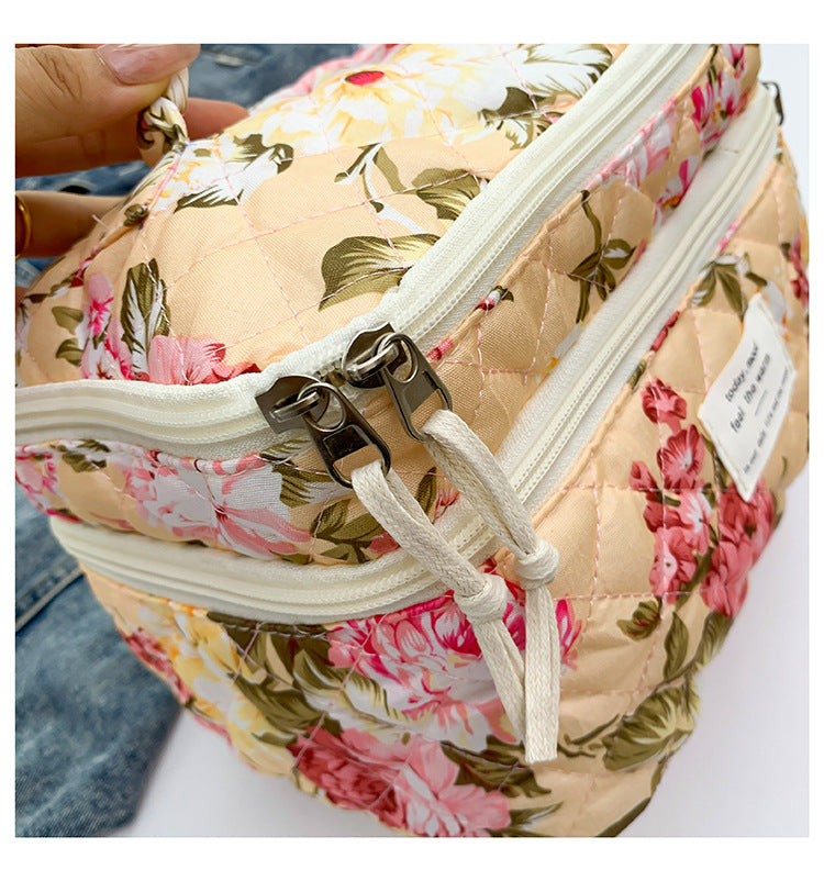 Flower Print Large Capacity Quilted Makeup Bag