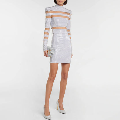 Fashionable Elegant Sequin Mesh Top And Skirt Outfit