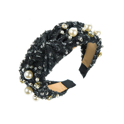 Trendy Denim Headband With Pearl Sequins For Women