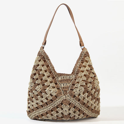 Paper Rope Woven Beach Bag with Block Design