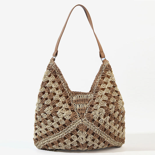 Paper Rope Woven Beach Bag with Block Design