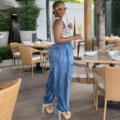 Loose-Fit Denim Harem Pants For Women With Drawstring Waist