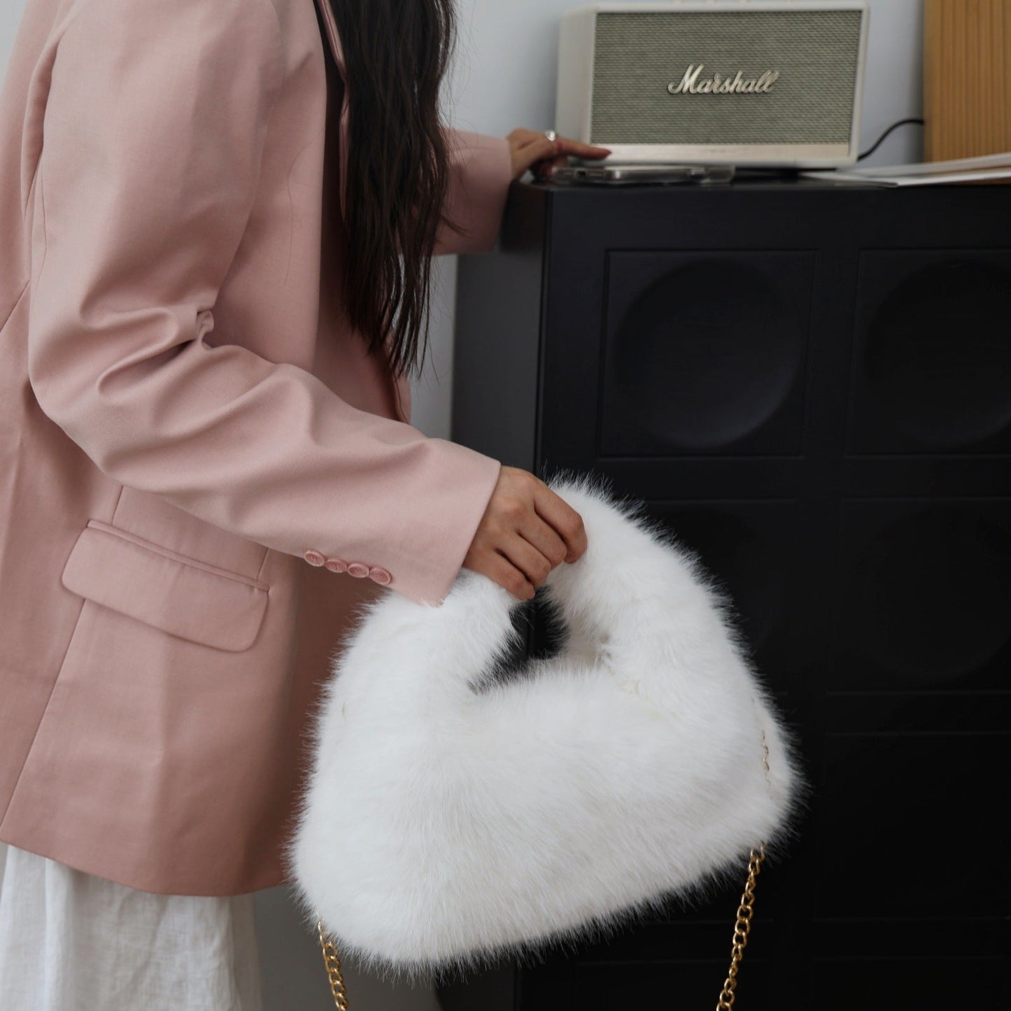 Solid Color Soft Fluffy Fur Tote Handbag