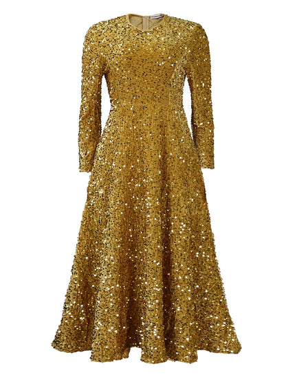 Elegant Long Sleeve Sequin A-Line Dress For Evening Events