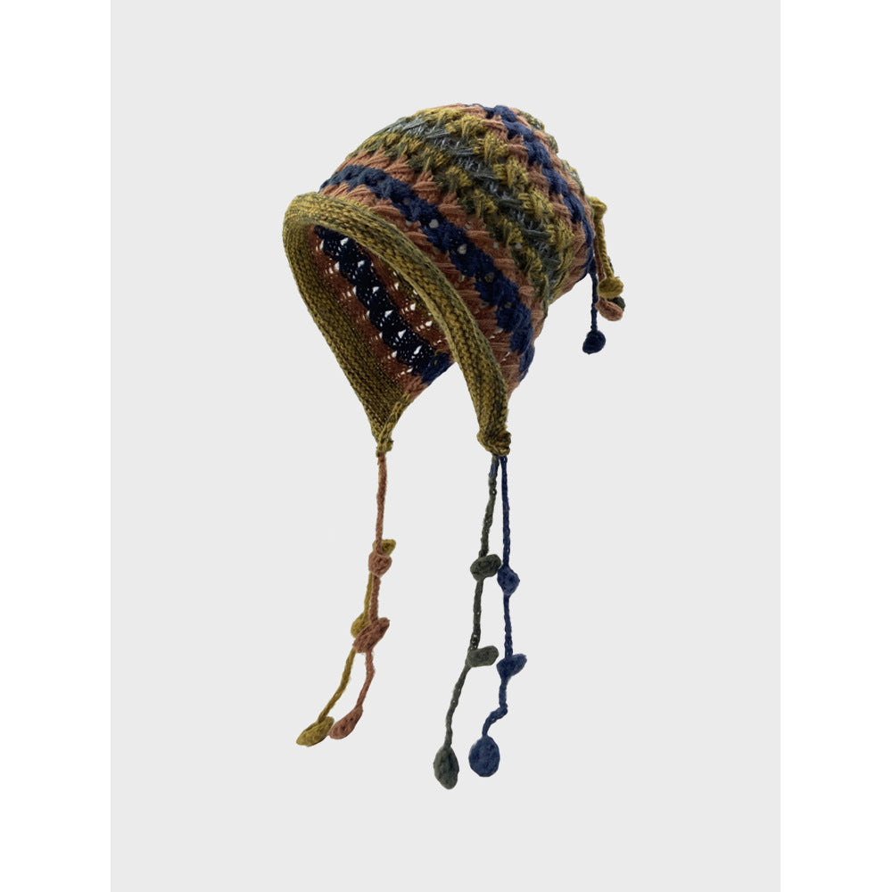 Vintage Tassel Pom Ear Flap Beanie Knit Hat