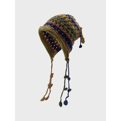 Vintage Tassel Pom Ear Flap Beanie Knit Hat
