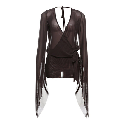 Deep V Sheer Backless Bodycon Mini Dress