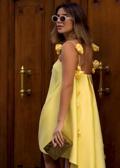 Floral Accent Satin Mini Dress Open Back