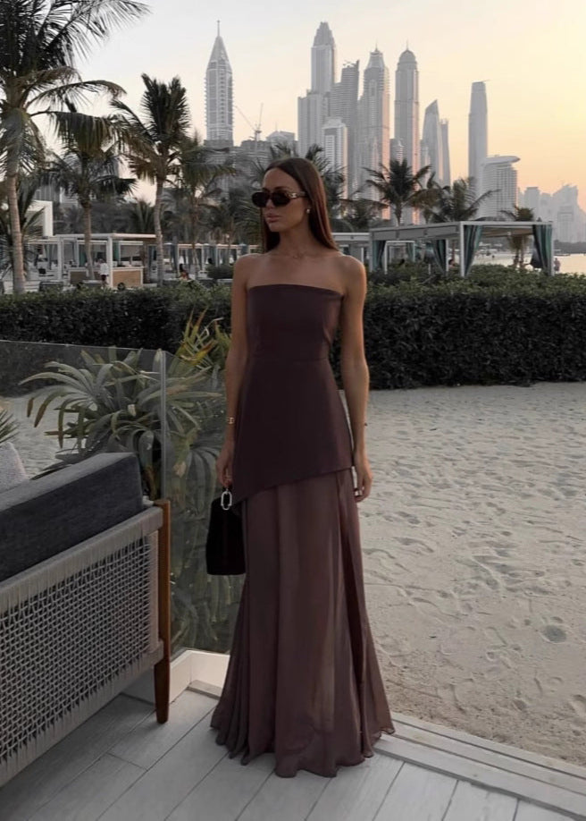 Strapless Chiffon Panel Gown with Asymmetrical Drape
