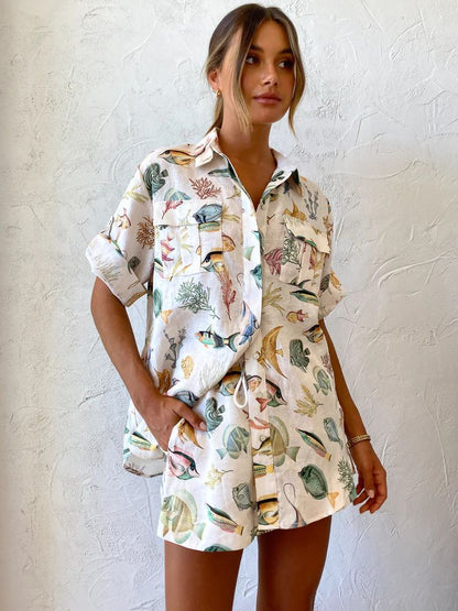 Fish Print Casual Short Sleeve Set for Vacation