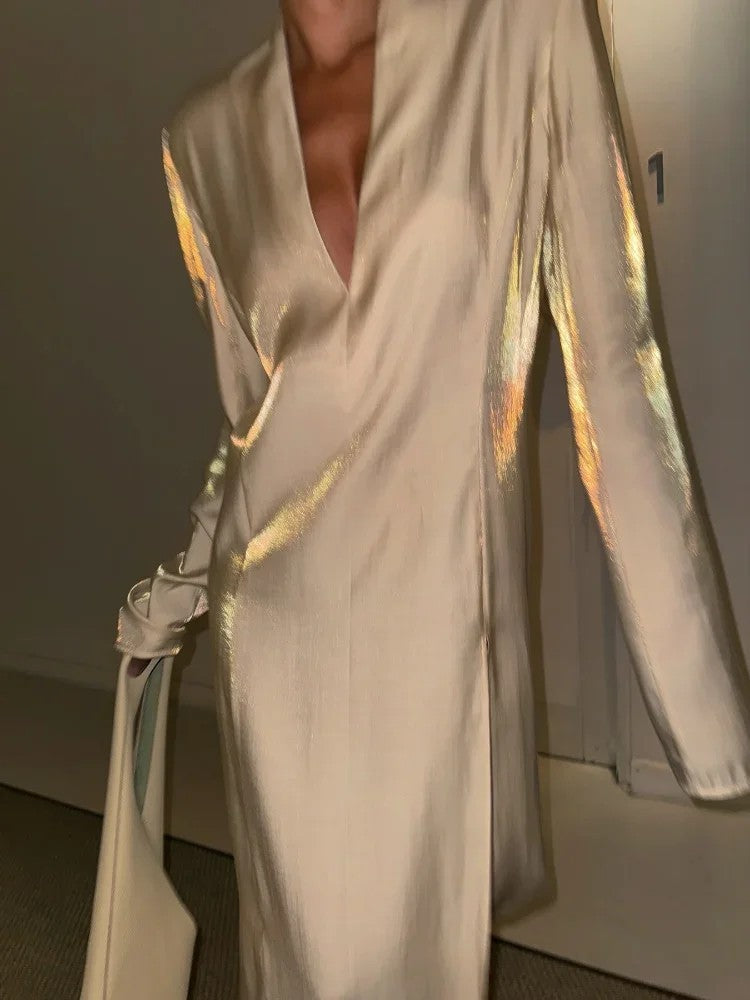 Shiny Gold V-Neck Split Casual Dress